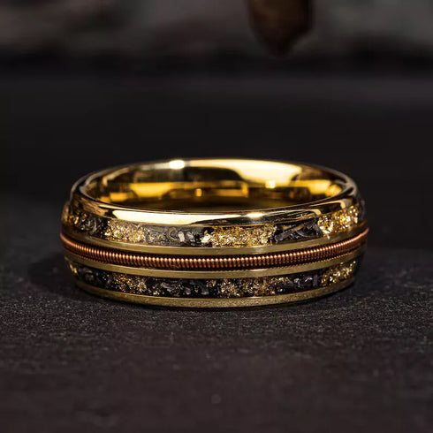 Men's 8mm Tungsten Guitar String & Gold Leaf Meteorite Comfort-Fit Wedding Band